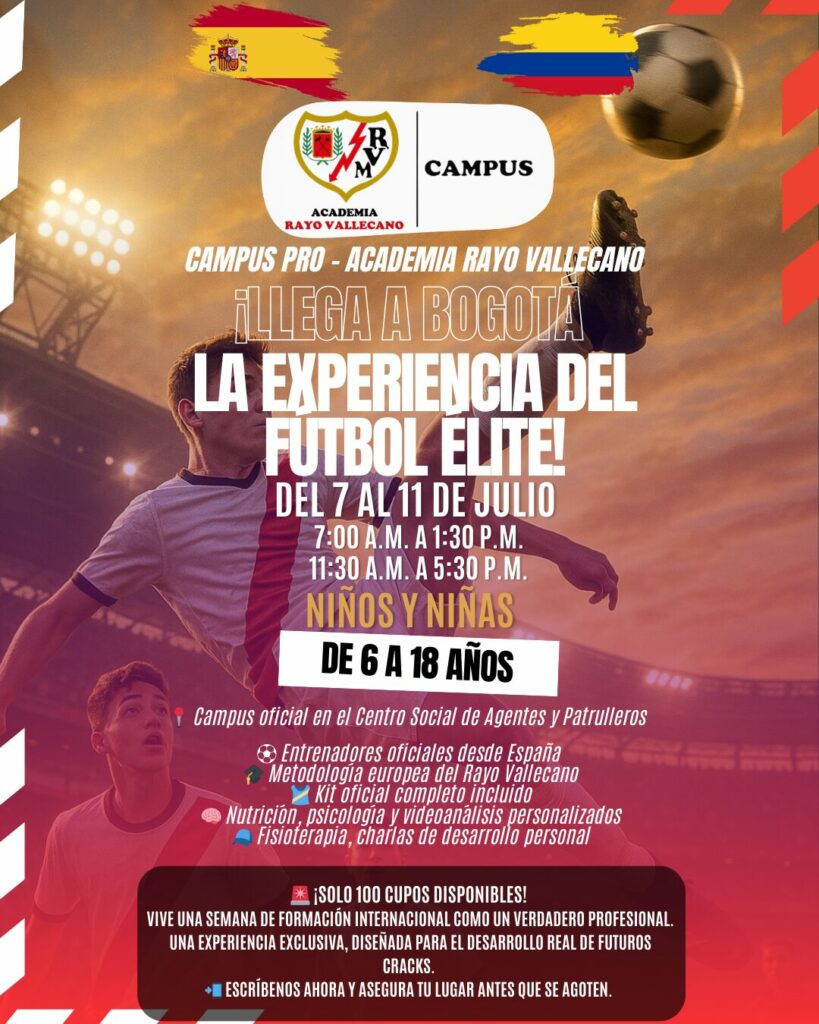 Flyer del Campus Oficial del Rayo Vallecano en Bogotá del 7 al 11 de julio de 2025