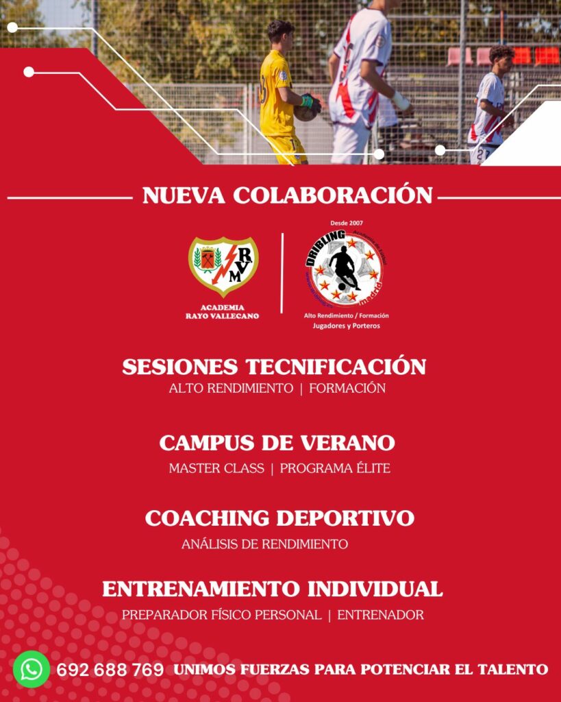 Cartel de la alianza entre Fundación Rayo Vallecano y Dribling con oferta de tecnificación, campus, coaching y entrenamientos individuales
